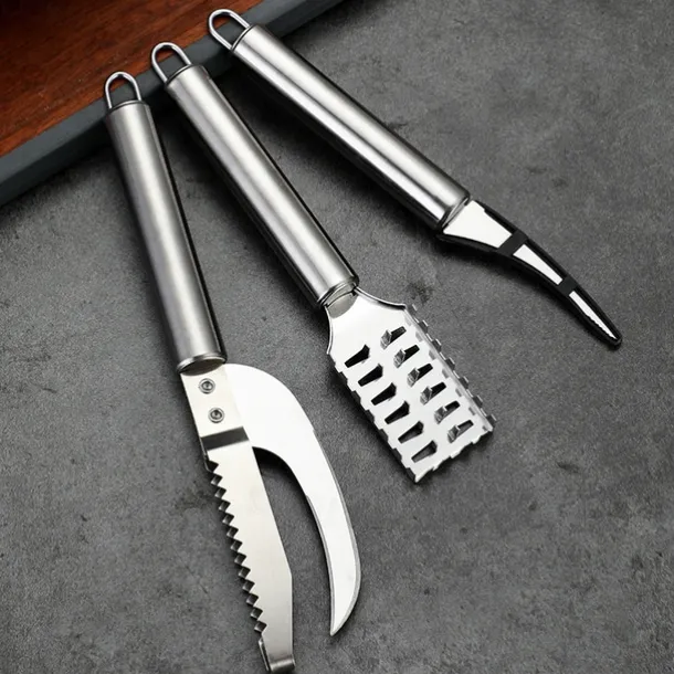 1PC/3PCS Stainless Steel Shrimp Deveiner & Fish Scaler - 2-in-1 Outdoor Seafood Cleaning Tool for BBQ