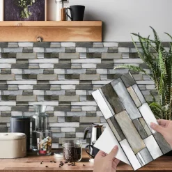 7pcs Artificial Stone Tile Wall Sticker 3D Vinyl Wallpaper Self Adhesive Floral Home Decor For Kitchen Bathroom 5.5x11 Inches