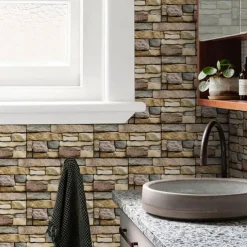 7pcs Artificial Stone Tile Wall Sticker 3D Vinyl Wallpaper Self Adhesive Floral Home Decor For Kitchen Bathroom 5.5x11 Inches