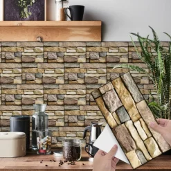 7pcs Artificial Stone Tile Wall Sticker 3D Vinyl Wallpaper Self Adhesive Floral Home Decor For Kitchen Bathroom 5.5x11 Inches
