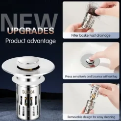 2PCS Bathroom Sink Drain Strainer, Universal Multi-Purpose Pop-Up Drain Stopper with Anti-Clog and Odor-Proof Design, Press-Type Filter Plug for Wash Basin and Sink