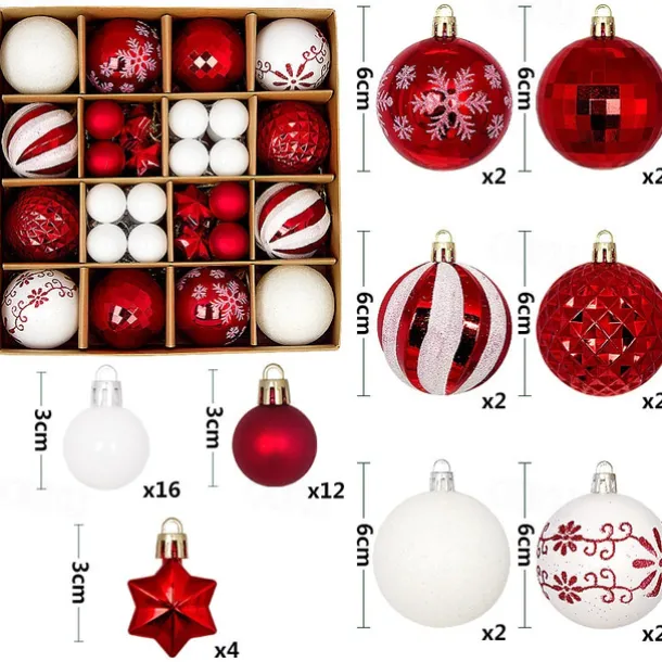 44pcs Christmas Baubles Ball Ornaments Xmas Decoration, Hanging Decorations for Christmas Tree, Holiday, Wedding and Party