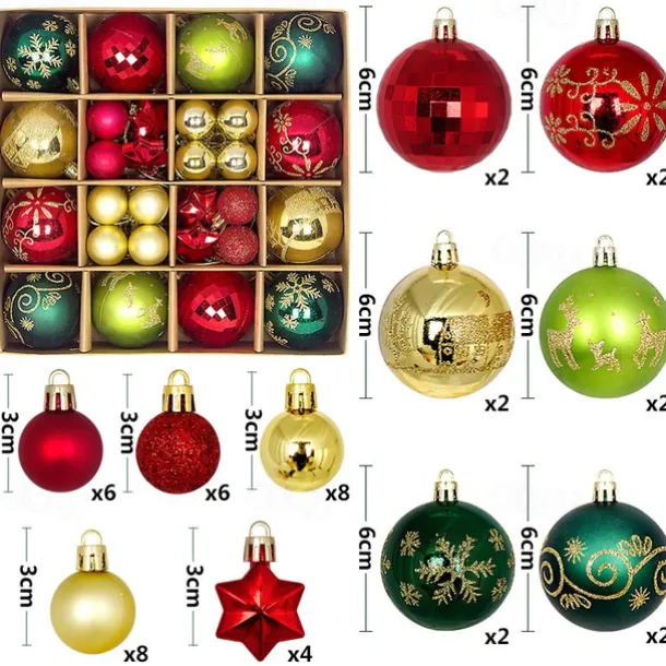 44pcs Christmas Baubles Ball Ornaments Xmas Decoration, Hanging Decorations for Christmas Tree, Holiday, Wedding and Party
