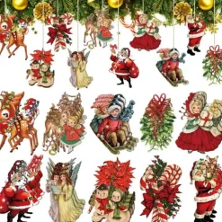 20pcs Christmas Tree Ornaments Xmas Wooden Santa Claus Christmas Crutches Green Garland Hanging Decoration Pendant For Outdoor Festival Party Gift (with Rope)