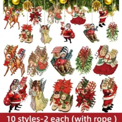 20pcs Christmas Tree Ornaments Xmas Wooden Santa Claus Christmas Crutches Green Garland Hanging Decoration Pendant For Outdoor Festival Party Gift (with Rope)