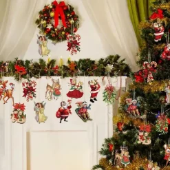 20pcs Christmas Tree Ornaments Xmas Wooden Santa Claus Christmas Crutches Green Garland Hanging Decoration Pendant For Outdoor Festival Party Gift (with Rope)
