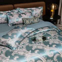 3pcs Cooling Duvet Cover Elegant Damask Fabric Jacquard Duvet Cover Set 3 Piece Quilt Cover Satin Bedding Set Full Duvet Cover Pillowcases(1 Duvet cover 2 Pillowcases)