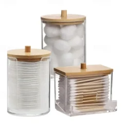 3PCS Cotton Swab Holder Set with Vanity Tray - Clear Apothecary Jar, Qtip/Ball/Pad Storage, Bathroom Containers Dispenser
