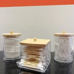 3PCS Cotton Swab Holder Set with Vanity Tray - Clear Apothecary Jar, Qtip/Ball/Pad Storage, Bathroom Containers Dispenser