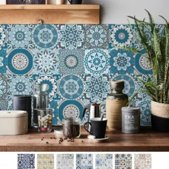 24pcs Creative Kitchen Bathroom Living Room Self-adhesive Wall Stickers Waterproof Fashion Blue Mandala Tile Stickers
