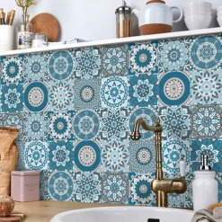 24pcs Creative Kitchen Bathroom Living Room Self-adhesive Wall Stickers Waterproof Fashion Blue Mandala Tile Stickers