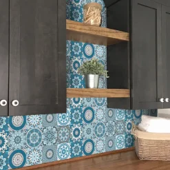 24pcs Creative Kitchen Bathroom Living Room Self-adhesive Wall Stickers Waterproof Fashion Blue Mandala Tile Stickers