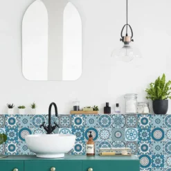 24pcs Creative Kitchen Bathroom Living Room Self-adhesive Wall Stickers Waterproof Fashion Blue Mandala Tile Stickers
