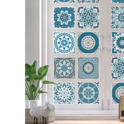 24pcs Creative Kitchen Bathroom Living Room Self-adhesive Wall Stickers Waterproof Fashion Blue Mandala Tile Stickers