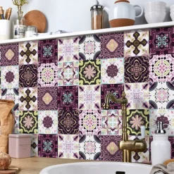 24pcs Creative Kitchen Bathroom Living Room Self-adhesive Wall Stickers Waterproof Mediterranean Fuchsia Tile Stickers
