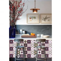 24pcs Creative Kitchen Bathroom Living Room Self-adhesive Wall Stickers Waterproof Mediterranean Fuchsia Tile Stickers