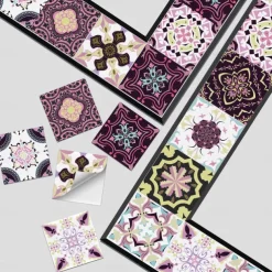 24pcs Creative Kitchen Bathroom Living Room Self-adhesive Wall Stickers Waterproof Mediterranean Fuchsia Tile Stickers