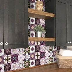 24pcs Creative Kitchen Bathroom Living Room Self-adhesive Wall Stickers Waterproof Mediterranean Fuchsia Tile Stickers