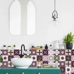 24pcs Creative Kitchen Bathroom Living Room Self-adhesive Wall Stickers Waterproof Mediterranean Fuchsia Tile Stickers