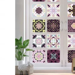 24pcs Creative Kitchen Bathroom Living Room Self-adhesive Wall Stickers Waterproof Mediterranean Fuchsia Tile Stickers