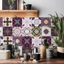 24pcs Creative Kitchen Bathroom Living Room Self-adhesive Wall Stickers Waterproof Mediterranean Fuchsia Tile Stickers