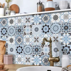 24pcs Creative Kitchen Bathroom Living Room Self-adhesive Wall Stickers Waterproof Fashion Blue Tile Stickers