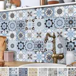 24pcs Creative Kitchen Bathroom Living Room Self-adhesive Wall Stickers Waterproof Fashion Blue Tile Stickers