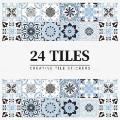 24pcs Creative Kitchen Bathroom Living Room Self-adhesive Wall Stickers Waterproof Fashion Blue Tile Stickers