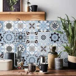 24pcs Creative Kitchen Bathroom Living Room Self-adhesive Wall Stickers Waterproof Fashion Blue Tile Stickers