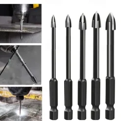 5pcs Efficient Universal Drilling Tools, Multifunctional Triangle Cross Alloy Drill Bit Set, Cemented Carbide Anti-Rust Attachments For Power Tools, Cross Spear Head Drill Bits