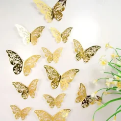 12pcs Golden Butterfly Decorations - 3D Wall Art for Parties, Crafts, and Baby Showers - Easy to Apply Stickers for Beautiful and Elegant Decor
