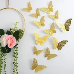12pcs Golden Butterfly Decorations - 3D Wall Art for Parties, Crafts, and Baby Showers - Easy to Apply Stickers for Beautiful and Elegant Decor