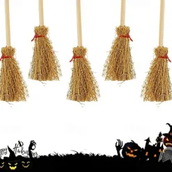 10/20pcs Halloween Mini Broom Red Rope Straw Brooms Hanging Decorations for Halloween Party Costume Witch Broom Dollhouse Accessories
