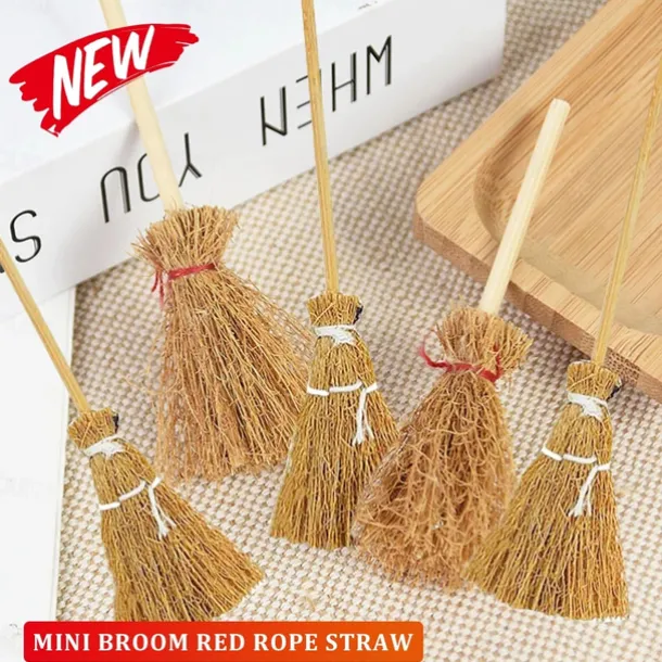 10/20pcs Halloween Mini Broom Red Rope Straw Brooms Hanging Decorations for Halloween Party Costume Witch Broom Dollhouse Accessories
