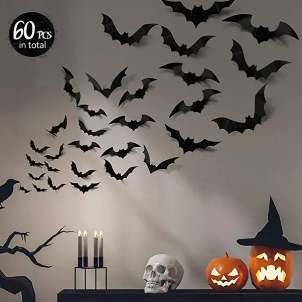 60PCS Halloween Party Supplies PVC 3D Decoration Realistic Horror Bat Spider Wall Accent, DIY Halloween Decoration Home Interior Window Decoration Set (Balck)