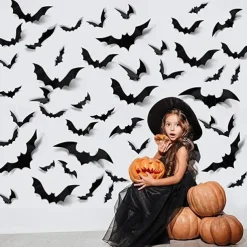 60PCS Halloween Party Supplies PVC 3D Decoration Realistic Horror Bat Spider Wall Accent, DIY Halloween Decoration Home Interior Window Decoration Set (Balck)