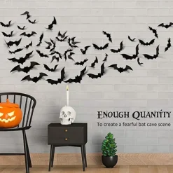 60PCS Halloween Party Supplies PVC 3D Decoration Realistic Horror Bat Spider Wall Accent, DIY Halloween Decoration Home Interior Window Decoration Set (Balck)
