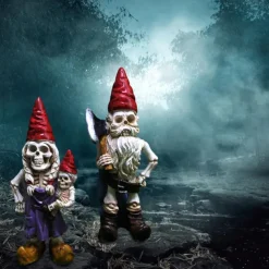 2pcs Halloween Skeleton Gnomes Resin Zombie Gnome Statues Skeleton Dwarf Ornament Horror Skull Elf Dwarf Figurines for Lawn Front Porch Halloween Decorations Table Decor