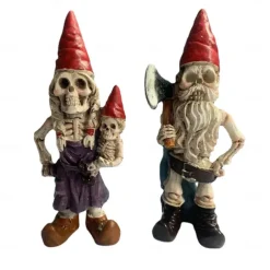 2pcs Halloween Skeleton Gnomes Resin Zombie Gnome Statues Skeleton Dwarf Ornament Horror Skull Elf Dwarf Figurines for Lawn Front Porch Halloween Decorations Table Decor