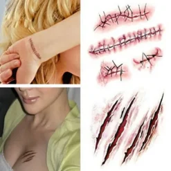 5Pcs Halloween Zombie Scars Tattoos Waterproof With Fake Scab Blood Makeup Halloween Decoration Wound Scary Blood Injury Sticker
