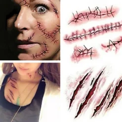 5Pcs Halloween Zombie Scars Tattoos Waterproof With Fake Scab Blood Makeup Halloween Decoration Wound Scary Blood Injury Sticker