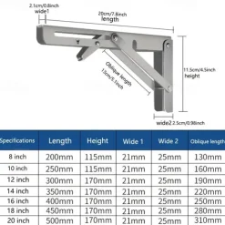 2pcs Heavy Duty Folding Shelf Brackets - 8", 10" & 12" - Wall Mounted for Bench Table with Screws