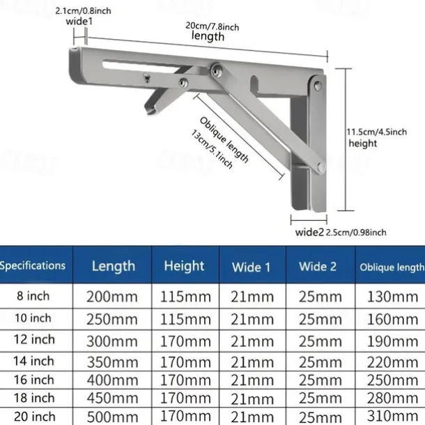 2pcs Heavy Duty Folding Shelf Brackets - 8", 10" & 12" - Wall Mounted for Bench Table with Screws