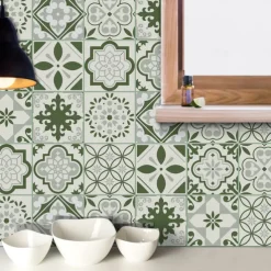 10PCS Kitchen Thickened Green Tile Stickers Self-adhesive Paper Green Tile Tile Sticker Bathroom Oil-proof Waterproof Removable Wall Sticker Floor Sticker