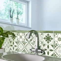 10PCS Kitchen Thickened Green Tile Stickers Self-adhesive Paper Green Tile Tile Sticker Bathroom Oil-proof Waterproof Removable Wall Sticker Floor Sticker
