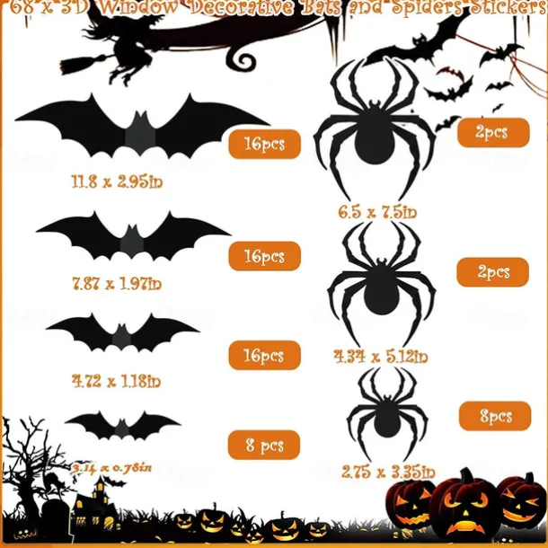 68PCS Large 3D Halloween Sticker Spider and Bat Wall Decals Set - Black Bat Stickers for Halloween Decorations