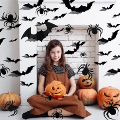 68PCS Large 3D Halloween Sticker Spider and Bat Wall Decals Set - Black Bat Stickers for Halloween Decorations