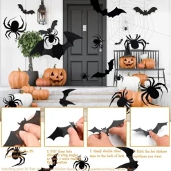 68PCS Large 3D Halloween Sticker Spider and Bat Wall Decals Set - Black Bat Stickers for Halloween Decorations