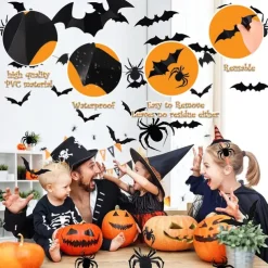 68PCS Large 3D Halloween Sticker Spider and Bat Wall Decals Set - Black Bat Stickers for Halloween Decorations