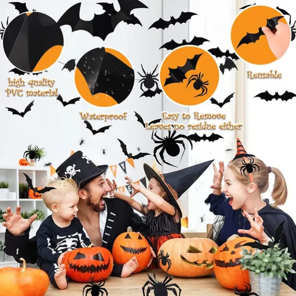 68PCS Large 3D Halloween Sticker Spider and Bat Wall Decals Set - Black Bat Stickers for Halloween Decorations
